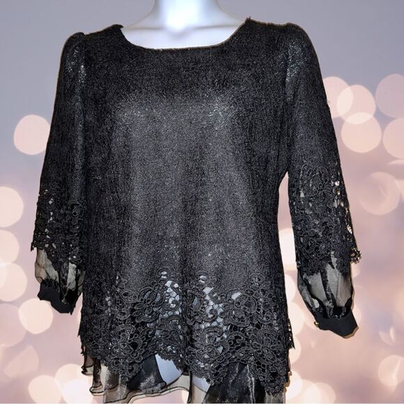 Gorgeous black sheer underneath and black lace overlay formal blouse - Picture 3 of 9